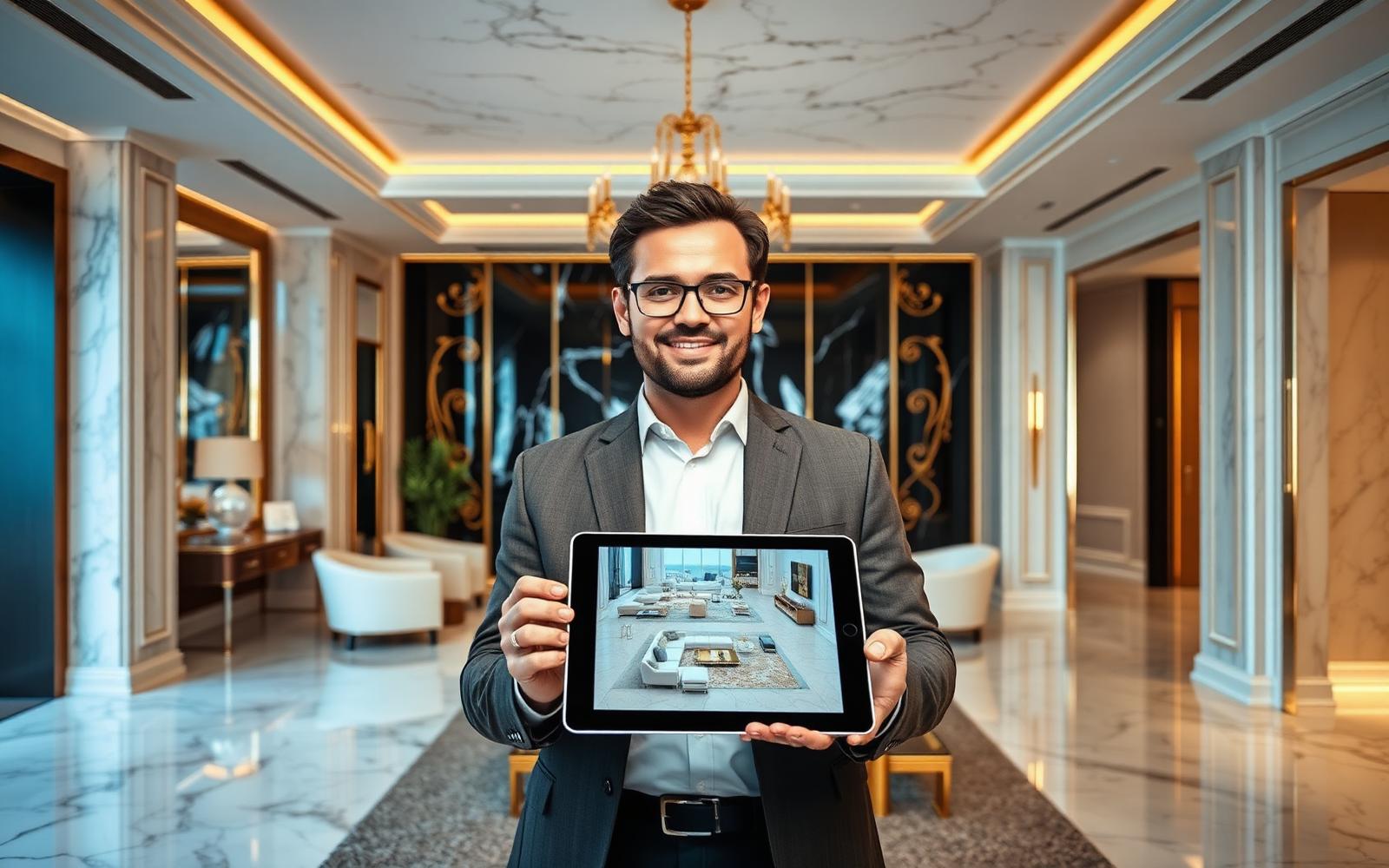 Wonder Wave designer presenting a 3D interior render on a tablet