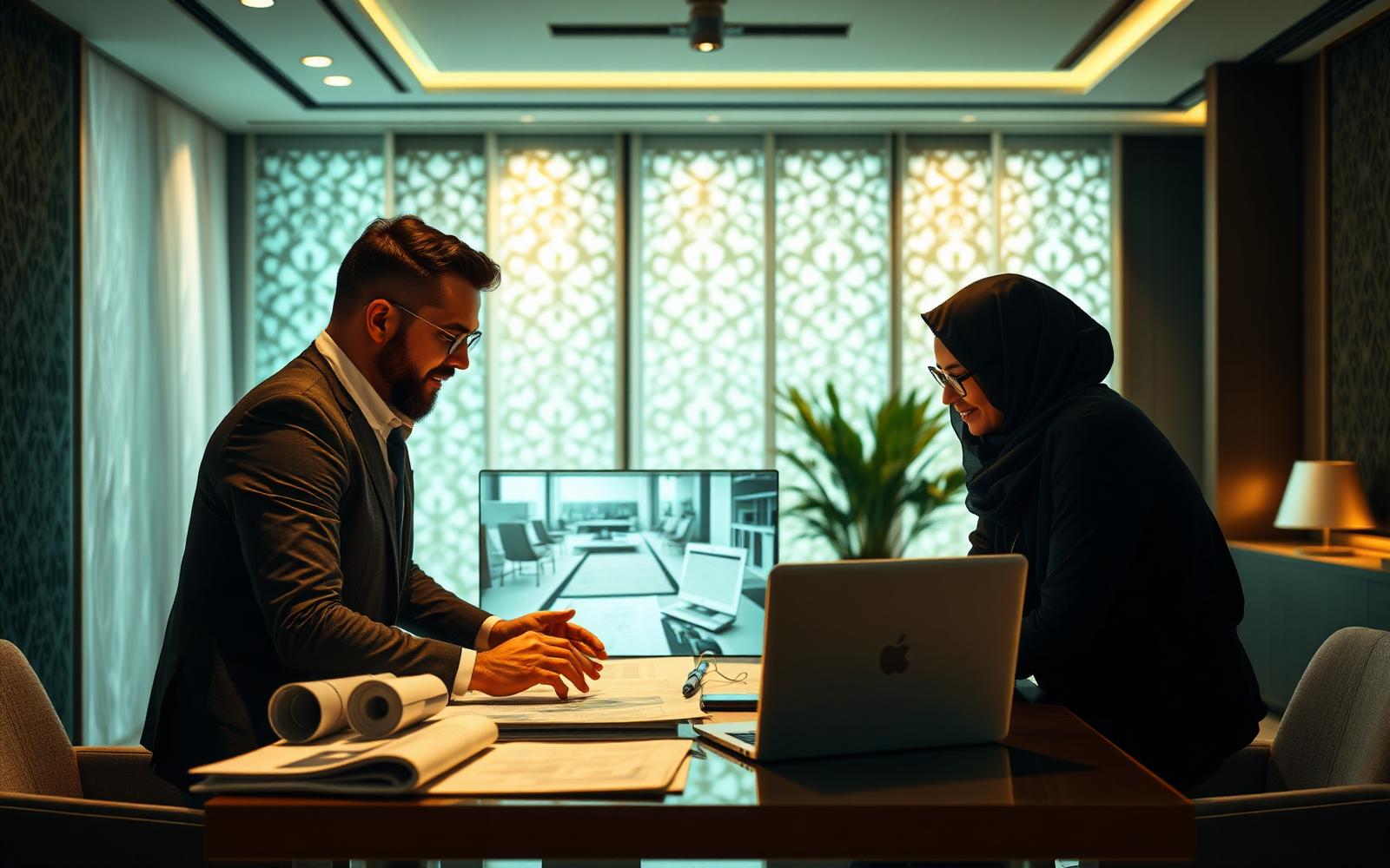 Wonder Wave designers reviewing interior plans on a laptop in our Dubai studio